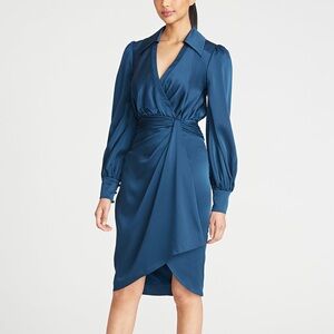 $695 NWOT Theia “Jodi” Bishop Sleeve Faux Wrap Dress in Neptune Sz 4